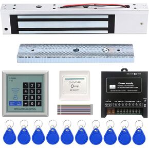 RFID Door Access Control Kit with 600LBS Electric Magnetic Lock, 110-240V AC to 12v DC 4A Power Supply, Nearness Door Entry keypad, 10 Key Fobs, and Exit Button (C2052-600LB Access Control Kit)