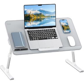 SAIJI Laptop Bed Tray Table(Large Size), Adjustable Height & Angle Laptop Stand for Bed with Detachable Stopper,Leather Bed Desk for Laptop,Portable Laptop Tray for Bed Sofa Couch and Floor (Grey)