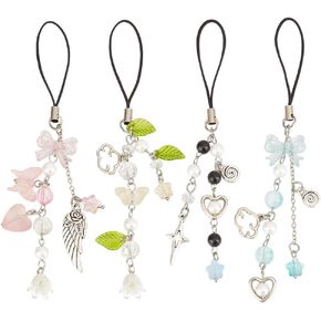 4pcs Cute Phone Charm Bow Tie Heart Beaded Phone Strap Acrylic Butterfly Beaded Strap Phone Lanyard Wrist Strap Beaded Phone Keychain Charm for Phone Bag Airpods Camera Pendants Decor