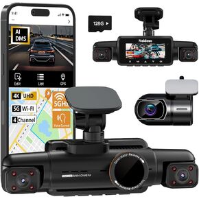 AI Dash Cam Front Rear Inside, 4 Channel 3k+1080P*3 Dashcam with Smart Driving Monitor System, 360° View Car Cameras 5GHz Wi-Fi GPS, Camera for Car Night Vision 128GB SD Card, 24H Parking Mode N700Pro