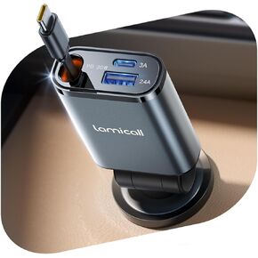 شاحن سيارة قابل للسحب قابلة للسحب 3 في 1 USB C الشحن السريع [شحن فائق ، 75 ٪ أقل من مساحة] 57W من النوع C شاحن CAR FIT iPhone 16E 15E 15 PRO MAX PLUS