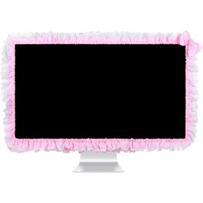 32"-38" Lovely Cute Computer Monitor Cover with Lovely Cute Elastic Pen Pocket Bow-knot TV LCD Screen Monitor Decoration Dust Cover Protector, Lace Fabric - purple