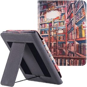 BOZHUORUI Stand Case for 6" Kobo Colour/Colour BW/Clara 2E e-Reader - Premium PU Leather Sleeve Cover with Two Hand Straps/Auto Sleep/Wake (Bookstore)