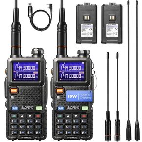 BAOFENG UV-5RM Plus 10W Dual Band Ham Radio Handheld, NOAA FM Airband Receiver, Long Range Two Way Radio with 8" & 15" ANT, Programming Cable, 2500mAh Battery USB-C Port, Chirp Compatible, 2 Packs