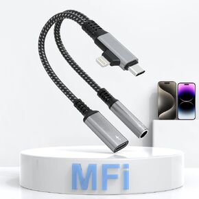 Lightning and USB C to 3.5mm Headphone and Charger Adapter - 2 in 2 iPhone Aux Adapter & USB C Headphone Adapter Audio Cable with PD60W Fast Charging, for iPhone16 15 14 Pro Max Galaxy iPad MacBook
