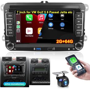 Car Stereo for VW Golf 5 6 Passat Jetta Caddy EOS T5 Tiguan Touran CC Polo with FM/RDS,Wireless Carplay Android Auto,7inch 2+64G Bluetooth GPS, Dual USB AHD Backup Camera