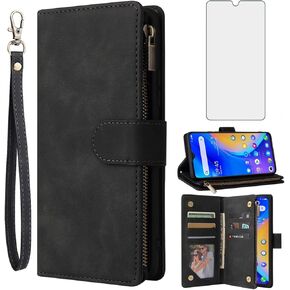 Asuwish Compatible with TCL 20 SE 6.82 Wallet Case and Tempered Glass Screen Protector Flip Cover Card Holder Stand Cell Accessories Phone Cases for TCL20SE Android 11 TLC 20SE T6710 6.82" Women Blue