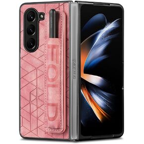 Omio for Galaxy Z Fold 6 Leather Case with S Pen Holder & Strap, Wrist Strap Leather Back Cover Hard PC Shockproof Finger Grip Case for Men Women Girls, Brown