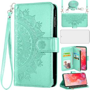 Asuwish Phone Case for Motorola Moto G Stylus 5G 2024 Wallet Cell Cover with Screen Protector Lanyard Wrist Strap Mandala Flower Flip Zipper Card Holder Slot Stand G5 Women Girls Blue