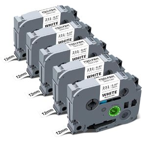 متوافق مع شريط صانع الملصقات الشقيق TZE TZ TZ 12MM 0.47 أبيض TZE-231 TZE231 PTOUCH ERBILL لـ PT-H110 D220 D210 1280 1290 1880 2040 ، أسود على أبيض 1/2 بوصة ، 5 حزمة
