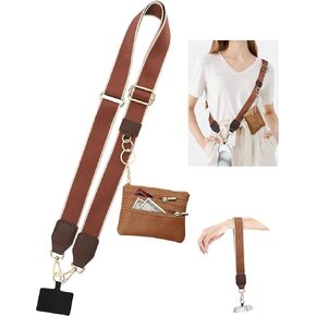 Jusy Clip and Go Strap for Phone with Wallet Crossbody, Phone Strap with Zippered Pouch,Stylish Crossbody Adjustable Multifunction Lanyard with Leather Wallet for All Phones -Dark Brown
