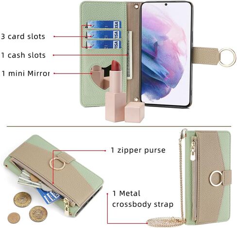 Asuwish Phone Case for Samsung Galaxy S21 Plus S21+ 5G Wallet Cover with Screen Protector and Mirror Flip Cover Ring Card Holder Crossbody Strap Cell S21+5G S21plus 21S + S 21 21+ G5 Women Girls Blue in Saudi Arabia
