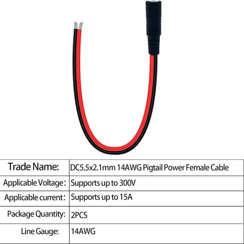 0.85ft 14awg Dection Dic DC 5.5x2.1mm أنثى سلك الطاقة 12V/24V النحاس النحاس الأساسية العالية الحبل الحالي | لأضواء الشريط LED لمراقبة CCTV وأنظمة الأمان 2pcs in Kuwait