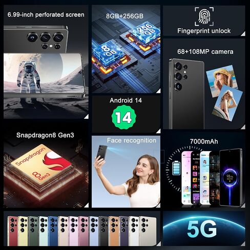 MMY I25 Ultra 5G Smartphone Smartphort ، 8GB+256GB الهاتف الخليوي بالكامل لـ Android 14 ، 6.99 "هاتف محمول غير مؤمن ، 7000 مللي أمبير ، 68 ميجابكسل+108 ميجابكسل كاميرا مزدوجة/قفل SIM/بصمات الأصابع المزدوجة (أسود) in Kuwait