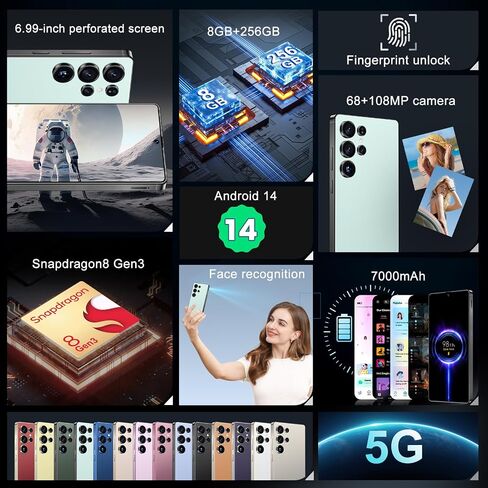 MMY I25 Ultra 5G Smartphone Smartphort ، 8GB+256GB الهاتف الخليوي بالكامل لـ Android 14 ، 6.99 "هاتف محمول غير مؤمن ، 7000 مللي أمبير ، 68 ميجابكسل+108 ميجابكسل كاميرا مزدوجة/قفل SIM/بصمات الأصابع المزدوجة (أسود) in Kuwait