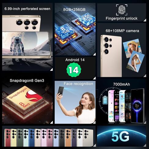 MMY I25 Ultra 5G Smartphone Smartphort ، 8GB+256GB الهاتف الخليوي بالكامل لـ Android 14 ، 6.99 "هاتف محمول غير مؤمن ، 7000 مللي أمبير ، 68 ميجابكسل+108 ميجابكسل كاميرا مزدوجة/قفل SIM/بصمات الأصابع المزدوجة (أسود) in Kuwait
