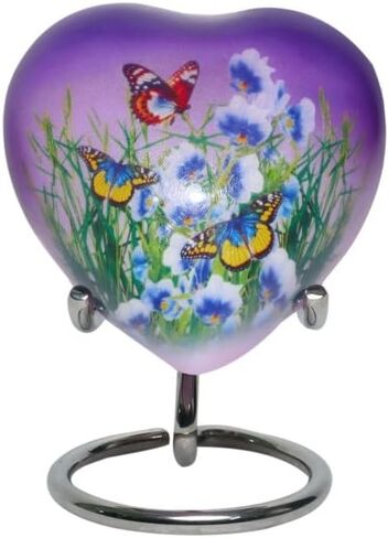 الجرار التذكارية الصغيرة ذات الفراشة الأرجوانية الجميلة الجريئة والإلهية لرماد الإنسان والحيوانات الأليفة | مع حقيبة مخملية وقمع - كمية واحدة (جرة تذكار، أرجواني) in Kuwait