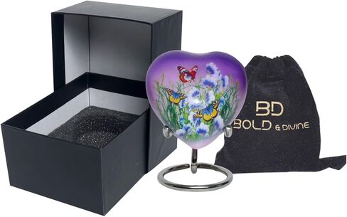 الجرار التذكارية الصغيرة ذات الفراشة الأرجوانية الجميلة الجريئة والإلهية لرماد الإنسان والحيوانات الأليفة | مع حقيبة مخملية وقمع - كمية واحدة (جرة تذكار، أرجواني) in Kuwait