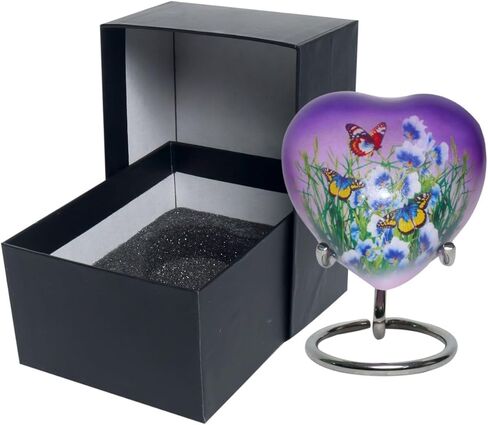 الجرار التذكارية الصغيرة ذات الفراشة الأرجوانية الجميلة الجريئة والإلهية لرماد الإنسان والحيوانات الأليفة | مع حقيبة مخملية وقمع - كمية واحدة (جرة تذكار، أرجواني) in Kuwait