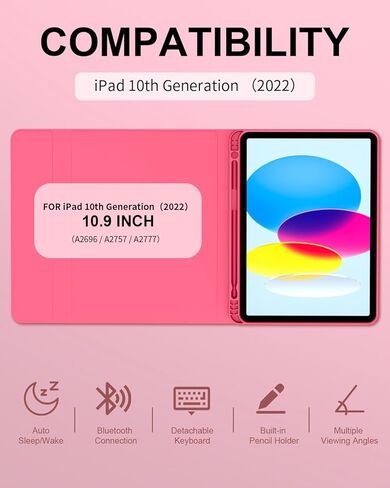 for iPad (A16) 11th/10th Generation Case with Keyboard 11/10.9 inch (2025/2022), Detachable Wireless Bluetooth iPad Keyboard Case Thin & Light with Built-in Pencil Holder, Pink in Kuwait