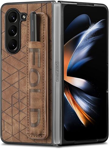 Omio for Galaxy Z Fold 6 Leather Case with S Pen Holder & Strap, Wrist Strap Leather Back Cover Hard PC Shockproof Finger Grip Case for Men Women Girls, Brown in Kuwait