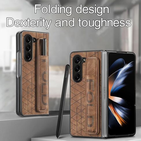 Omio for Galaxy Z Fold 6 Leather Case with S Pen Holder & Strap, Wrist Strap Leather Back Cover Hard PC Shockproof Finger Grip Case for Men Women Girls, Brown in Kuwait