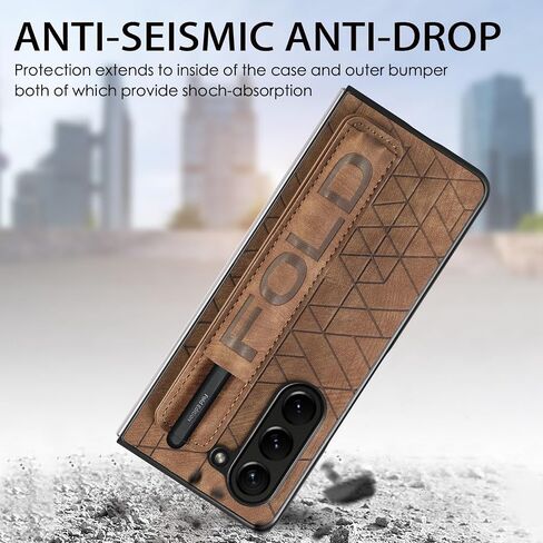 Omio for Galaxy Z Fold 6 Leather Case with S Pen Holder & Strap, Wrist Strap Leather Back Cover Hard PC Shockproof Finger Grip Case for Men Women Girls, Brown in Kuwait