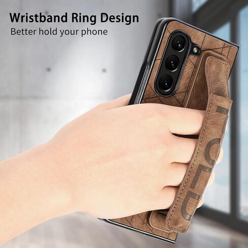 Omio for Galaxy Z Fold 6 Leather Case with S Pen Holder & Strap, Wrist Strap Leather Back Cover Hard PC Shockproof Finger Grip Case for Men Women Girls, Brown in Kuwait