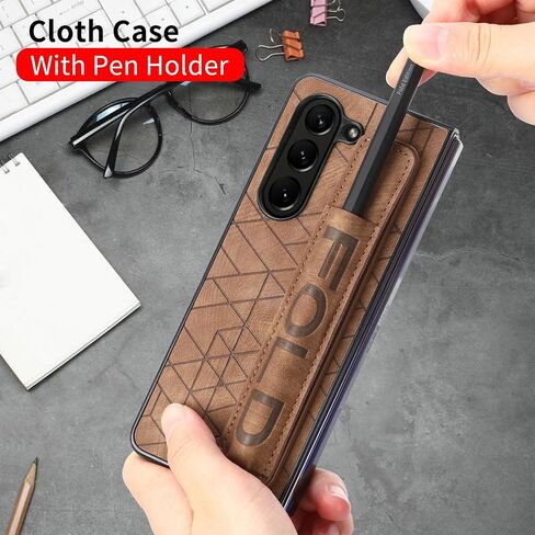 Omio for Galaxy Z Fold 6 Leather Case with S Pen Holder & Strap, Wrist Strap Leather Back Cover Hard PC Shockproof Finger Grip Case for Men Women Girls, Brown in Kuwait