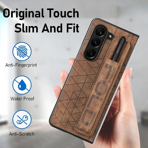 Omio for Galaxy Z Fold 6 Leather Case with S Pen Holder & Strap, Wrist Strap Leather Back Cover Hard PC Shockproof Finger Grip Case for Men Women Girls, Brown in Kuwait