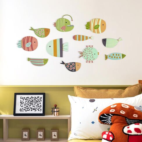 ajdvart ديكور جدار السمك الخشبي - 5 قطع ديكور جدار ساحلي للشاطئ البحري، منحوتة سمكة للمنزل، منزل البحيرة، حمام المحيط، غرفة النوم، غرفة الأطفال، الحضانة، ديكور غرفة اللعب in Kuwait