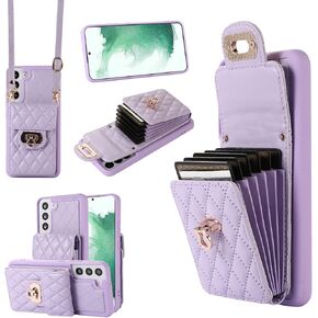 Asuwish Phone Case for Samsung Galaxy S22 Plus S22+ 5G Wallet Cover with Credit Card Holder Shoulder Crossbody Strap Long Lanyard Leather Cell Accessories S22+5G S22plus 22S + S 22 Women Girls Purple