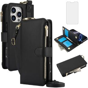 Asuwish Phone Case for iPhone 16 Pro Max Zipper Wallet with Screen Protector Strap Card Holder RFID Blocking Stand Flip Cell Cover iPhone16promax 5G i Phone16Max Plus iPhone16 ProMax Women Brown