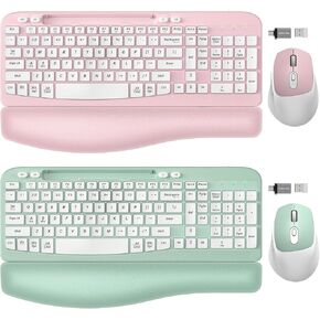 2 Pack Wireless Keyboard and Mouse Combo, EAYBLLY Wave Keys Wireless Ergonomic Keyboard with Cushioned Wrist Rest, Phone Holder, 2.4GHz Silent Cordless Keyboard Mouse Set