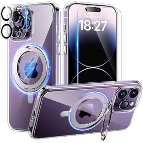 TAURI 360°Rotatable Magnetic Ring for iPhone 14 Pro Case Clear with 2X Screen Protector, [Designed for Magsafe] with Stand & Ring Holder, Shockproof Slim Phone Case