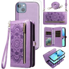 Asuwish Phone Case for iPhone 13 Mini 5.4 inch Zipper Wallet Cell Cover with Tempered Glass Screen Protector Strap Flower Card Holder iPhone13mini i-Phone 13minicase i iPhone13 13mini Women Girls Blue