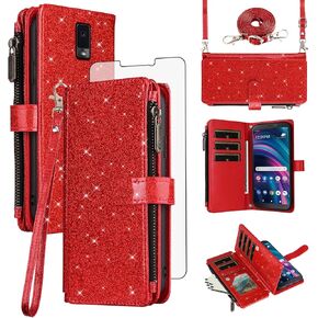 Asuwish Phone Case for Tracfone BLU View 3 B140DL Wallet Accessories Slot Cell Cover with Tempered Glass Screen Protector Strap Bling Glitter Zipper Flip Credit Card Holder Blue View3 140DL Women Red