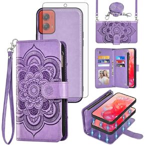 Asuwish Phone Case for Motorola Moto G Stylus 5G 2024 Zipper Wallet Magnetic Detachable Cell Cover with Tempered Glass Screen Protector Crossbody Strap Mandala Flower Card Holder G5 Women Girls Purple