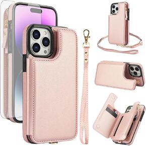Asuwish Phone Case for iPhone 14 Pro 6.1 inch Zipper Wallet Cover with Tempered Glass Screen Protector and RFID Blocking Card Holder Cell iPhone14Pro 5G i i-Phone i14 iPhone14 4 14Pro Women Rose Gold