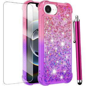 for iPhone 16e Case Glitter with Screen Protector, Cute Sparkle Bling Liquid Floating Women Girls Girly Slim TPU Soft Silicone Shockproof Protective Phone Case for iPhone 16e 6.1"-Pink Purple
