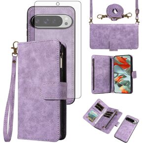 حالة هاتف ASUWISH لـ Google Pixel 9 Pro XL Zipper Wallet غطاء خلايا قابلة للفصل مع حامي شاشة زجاجية متسللة Crossbody Lanyard Flip حامل بطاقة Pixel9 9pro 9proxl تسعة نساء أسود