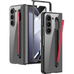 بالنسبة إلى Samsung Galaxy Z Fold 5 Clear Case with S Pen Holder & S Pen ، حالة الطلاء البلورية الشفافة مع واقي الشاشة ، وغطاء مضاد للخلع فاخر لـ Z Fold 5 (Black+Black Pen)