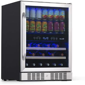 NewAir 15" Wine, Beer, Beverage Refrigerator Cooler | 9 Bottle, 48 Can Capacity | Stainless Steel Built-in or Freestanding Dual Zone Drink Fridge |Triple-Pane Glass Door, Digital Temperature Control