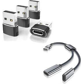 USB C Female to A Male Adapter Bundle with Double Type C Female Splitter,Compatible with iPhone 12 13 14 15 Pro Max,iPad 8 9 Air,Samsung Galaxy NoteS21 S22 S23 Plus Ultra (4 Adapters + 1 Splitter)