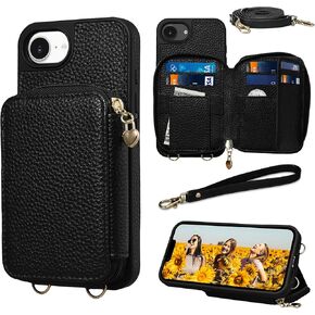 Keallce Case for iPhone 16e 2025 6.1'' Case Wallet, Crossbody Zipper with RFID Blocking Card Slots Kickstand,Handbag Zipper Flip Cover with Wrist Strap for iPhone 16e Men Women, Black