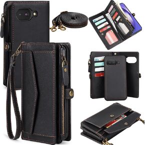 بالنسبة إلى Google Pixel 9A Wallet Case for Women ، حامل بطاقة حظر RFID ، حافظة هاتف مغناطيسي قابلة للفصل مع حزام Crossbody لـ Google Pixel 9A ، الأسود