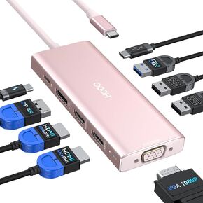 HODO USB C Docking Station Dual Monitor Adapter for Dell HP, Laptop Docking Station 3 Monitors Quad Display USB C Hub Dongle to 2 HDMI 4K,DP 8K, VGA,4 USB,PD, Adapter 9 in 1 Laptop Dongle