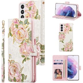 UEEBAI Wallet Case for Samsung Galaxy S21 5G, PU Leather Phone Case Kickstand RFID Blocking Flip Case Card Slots Wrist Strap Relief Engraved Pattern Magnetic Closure Flower Folio Case, Vine