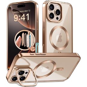 Magnetic for iPhone 16 Pro Max Case, Built-in Camera Stash Stand, Compatible with MagSafe, 16FT Military Protection, Shockproof Slim Phone Case for iPhone 16 ProMax 6.9", Rose Gold