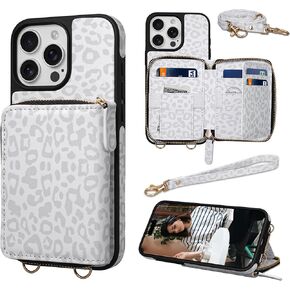 Keallce Wallet Case for iPhone 16 Pro Max 6.9'' Case, Lanyard & Handstrap Flip Leather with RFID Blocking Card Slots Kickstand, Crossbody Zipper Purse iPhone Cover for iPhone 16 Pro Max, Leopard